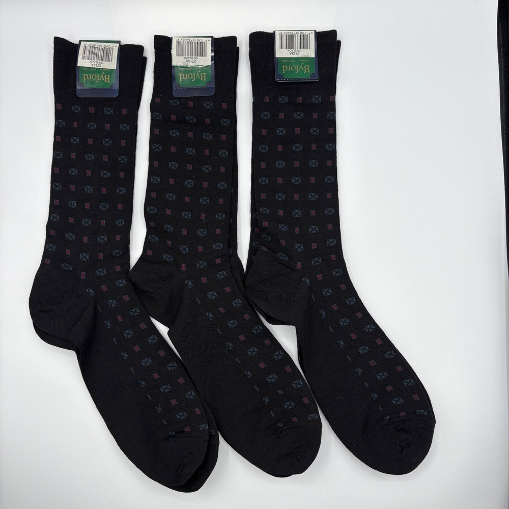 Byford Merino Wool Blend Dress Socks 3 Pair Lot Black Geometric Business Casual